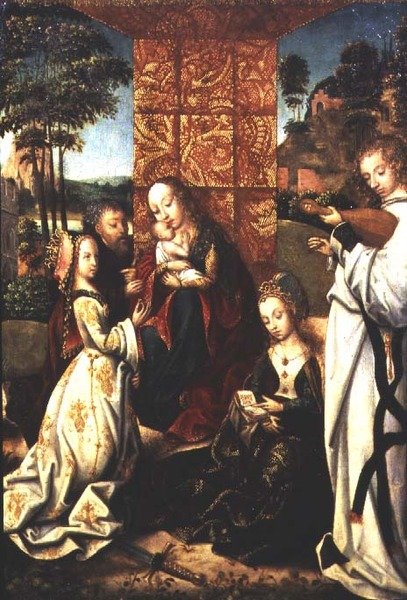Madonna ja lapsi sekä Pyhä Katariina, enkeli ja muita hahmoja. tekijältä Flemish School