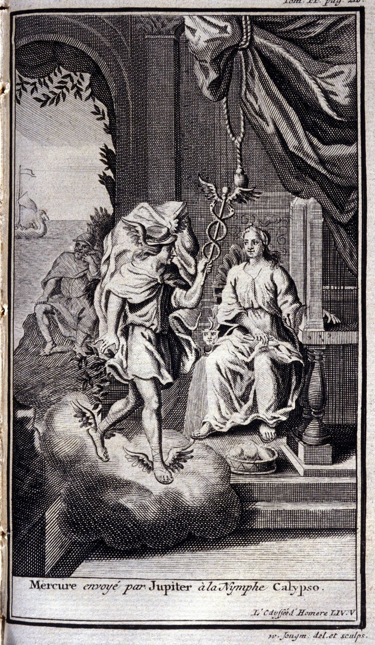 Jupiterin lähettämä Merkurius nymfi Calypsolle. Kuvitus kirjaan V Homeroksen Odysseiasta, Odysseiassa, julkaistu Amsterdamissa vuonna 1731, Collection privee Milan. tekijältä Flemish School