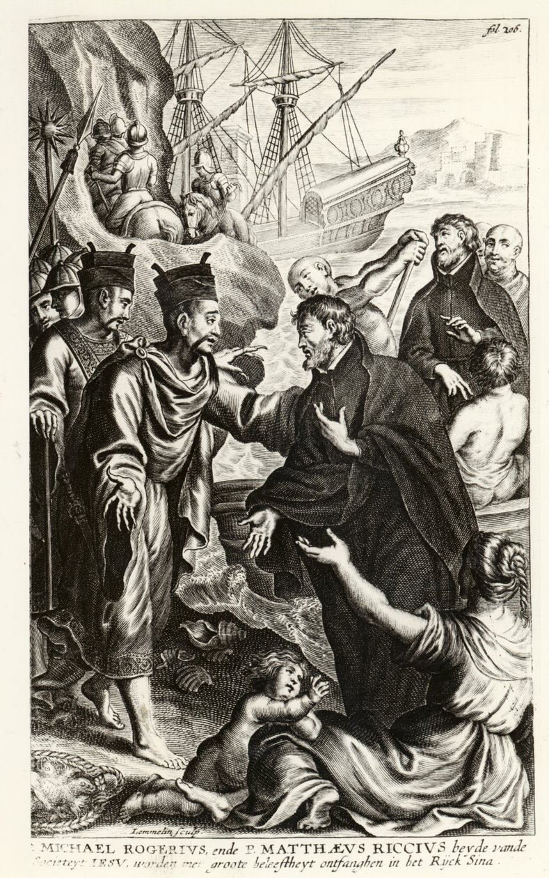 Michael Rogerius (1543-1607) ja Matthaeus Riccius (1552-1610) saapuvat Kiinan rannikolle, kuva P. Cornelius Hazartin kirkon historiasta, julkaistu Antwerpenissä, 1668 tekijältä Flemish School