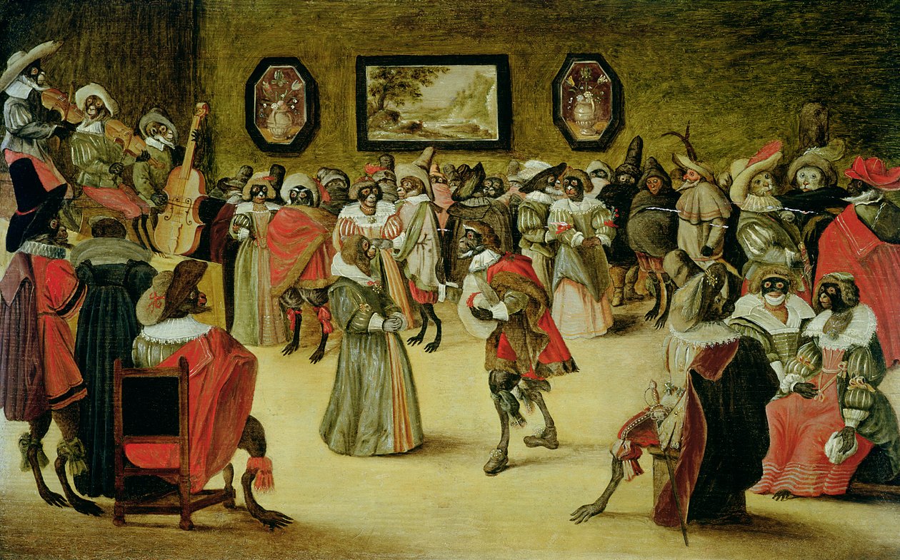 Apinat ja kissat naamioballissa, 1632 (katso 204408) tekijältä Flemish School