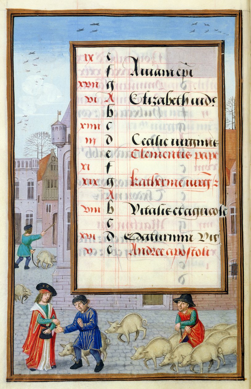Ms 1058-1975 f11v Myy sikoja torilla, valaistu kalenterisivu marraskuulle, Tuntikirjasta, n. 1500 tekijältä Flemish School