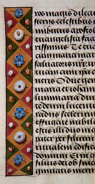Ms. 1058-1975, f.16r: yksityiskohta kukkareunuksesta Tuntikirjasta, n. 1500 (vellum) tekijältä Flemish School