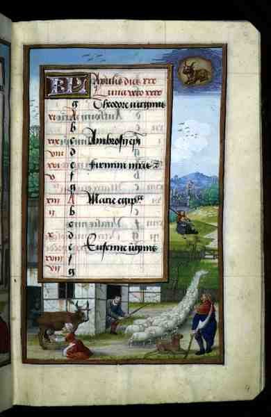 Ms 1058-1975 f4r Farmyard Scene, valaistu kalenterisivu huhtikuulle, Book of Hours, n. 1500 (vellum) tekijältä Flemish School