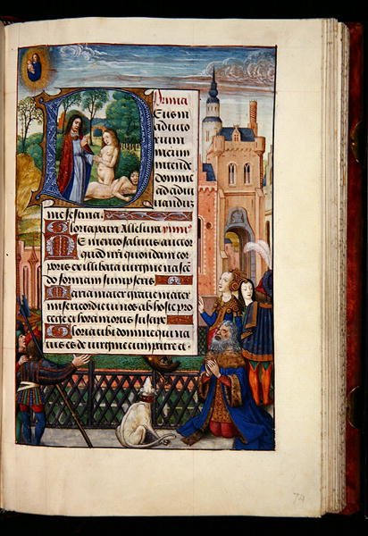 Ms 1058-1975, f.74r: Kuningas Daavid rukoilee Neitsyttä ja lasta ja historiallinen alkukirjain D, joka kuvaa Eevan luomista, Tuntien kirjasta, Bruggesta, n. 1510 (kultamuste ja tempera pergamentilla) tekijältä Flemish School