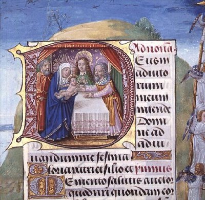 Ms 1058-1975 f.85r Historioitu alkukirjain "D", joka kuvaa Esitystä temppelissä, Tuntikirjasta, luultavasti Bruggesta, n. 1500-05 (vellum) tekijältä Flemish School