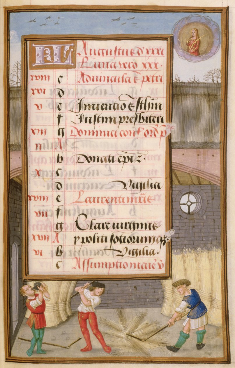 Ms 1058-1975 f8r Threshing Corn in the Barn, valaistu kalenterisivu elokuulle, Tuntikirjasta, n. 1500 tekijältä Flemish School