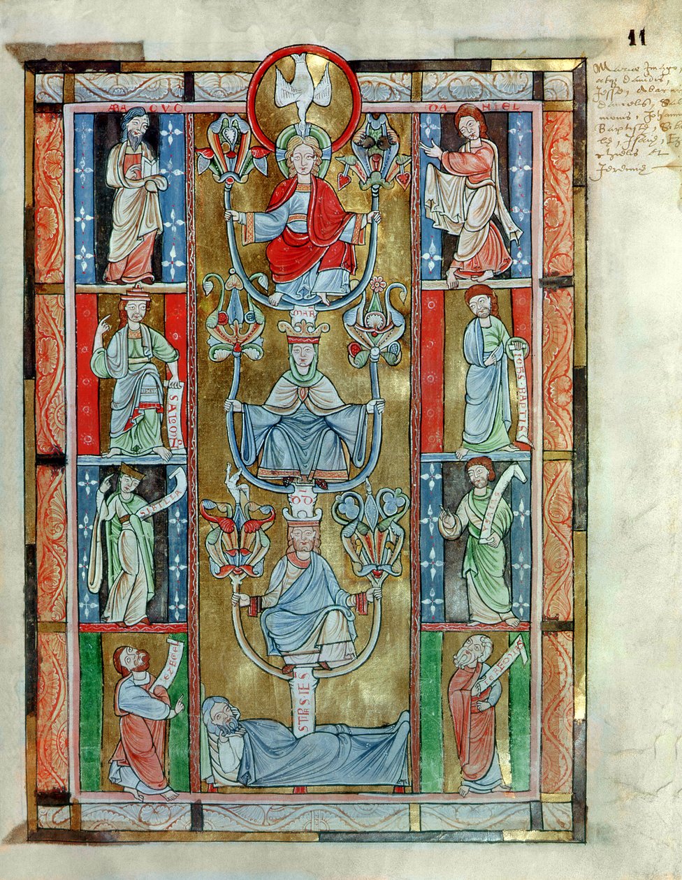Ms 340 fol.11r The Tree of Jesse, De Laudibus Sancte Crucis, kirjoittaja Rabanaus Maurus (n. 780-856) Anchin Abbeysta tekijältä Flemish School