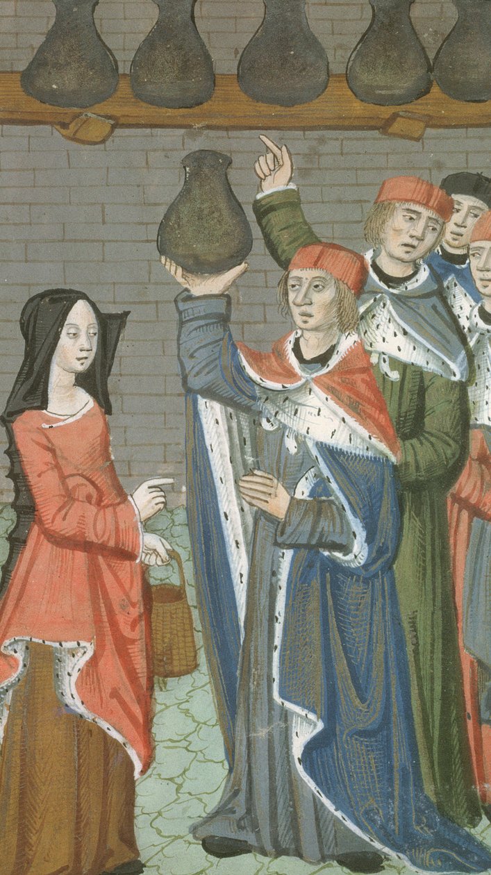 Ms Hunter 9 f.84r Nainen koriin tuomassa urinalis magnusta, kaupungista De Medina Fen I. II, kirjoittanut Avicenna (980-1037) tekijältä Flemish School