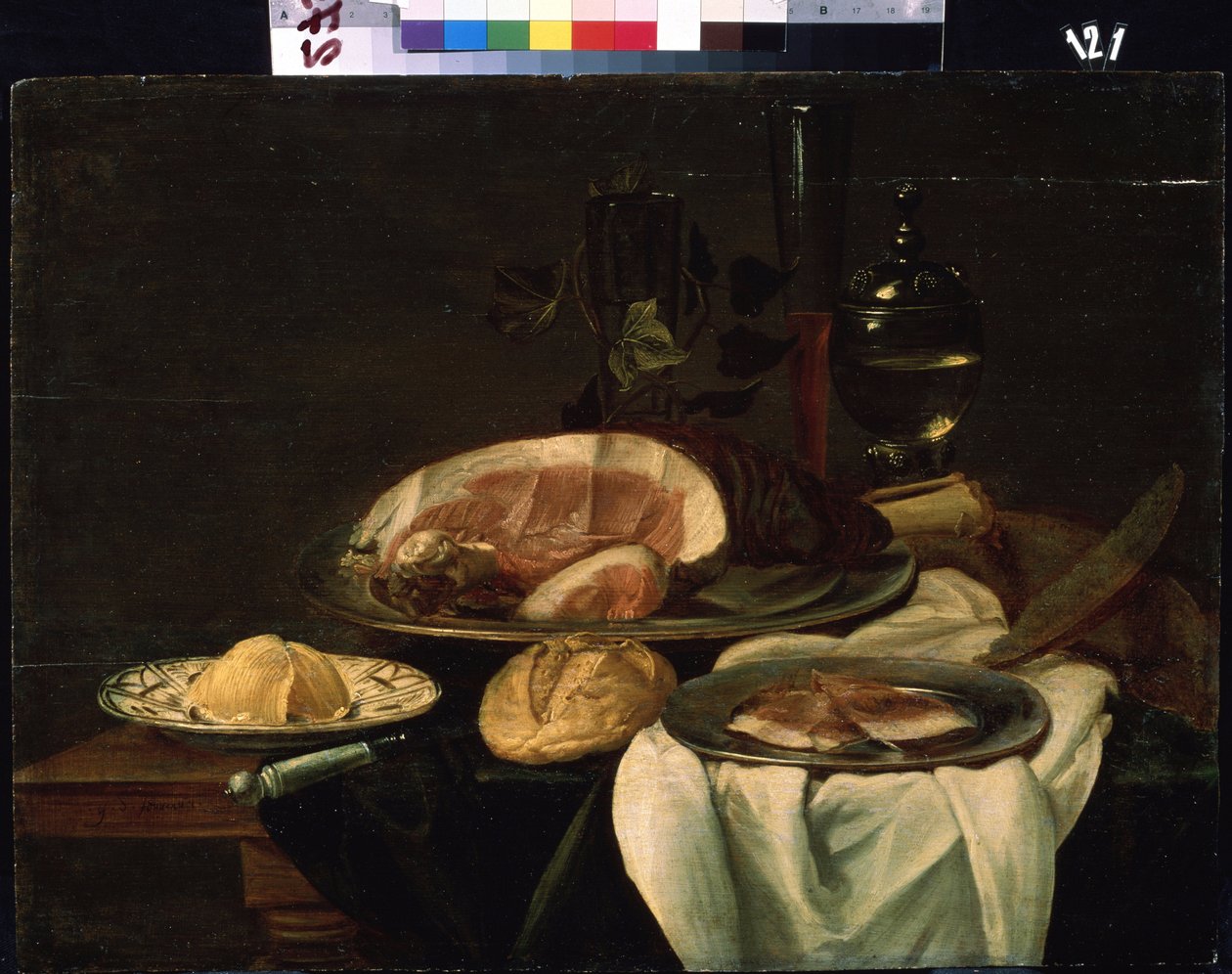 "Asetelma" (Asetelma) Kinkku, leipä ja voita. Hollantilainen koulumaalaus. 1650 Mikhail Kroshitsky Art Museum, Sevastopol (Sevastopol) Ukraina tekijältä Flemish School