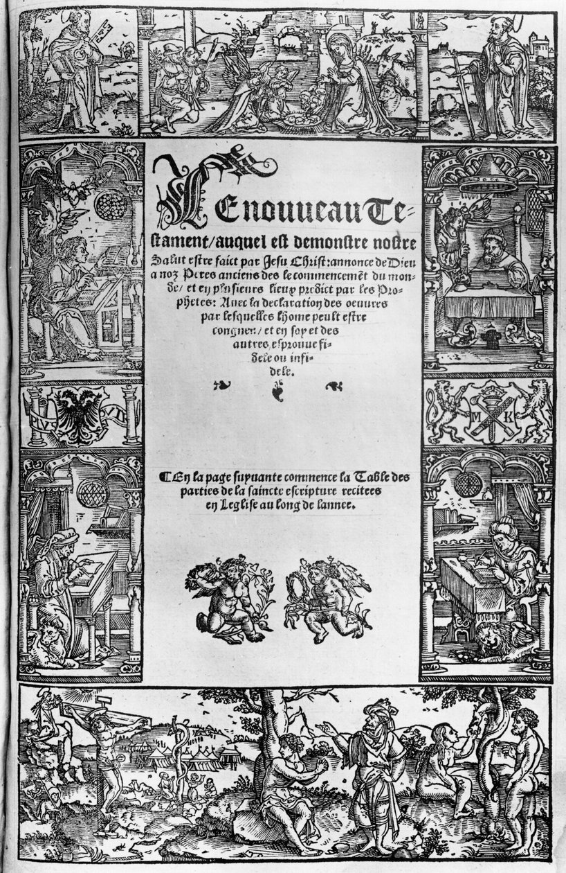 Antwerpenissä vuonna 1531 julkaistun Jacques Lefevre dEtaplesin (1450–1537) ranskankielisen käännöksen Uuden testamentin otsikkosivu tekijältä Flemish School