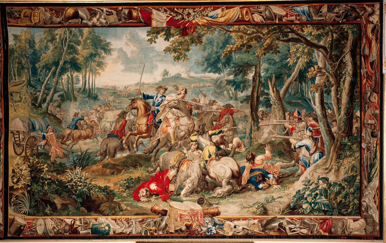 Palatsi (Schlossanlage Schleißheim). Flanderin kuvakudos. Brysselin ateljee Judocus De Vos. Suunnittelija Lambert De Hondt. Ambush (väijytys). 400x630cm. Villaa ja silkkiä. Noin 1715-1724. tekijältä Flemish School
