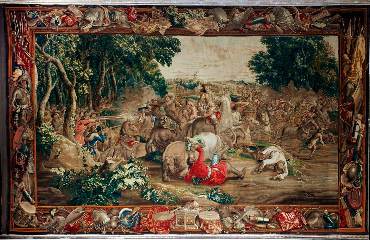 Palatsi (Schlossanlage Schleißheim). Flanderin kuvakudos. Brysselin ateljee Judocus De Vos. Suunnittelija Lambert De Hondt. Ambush (väijytys). Villa ja silkki. Noin 1715-1724. tekijältä Flemish School