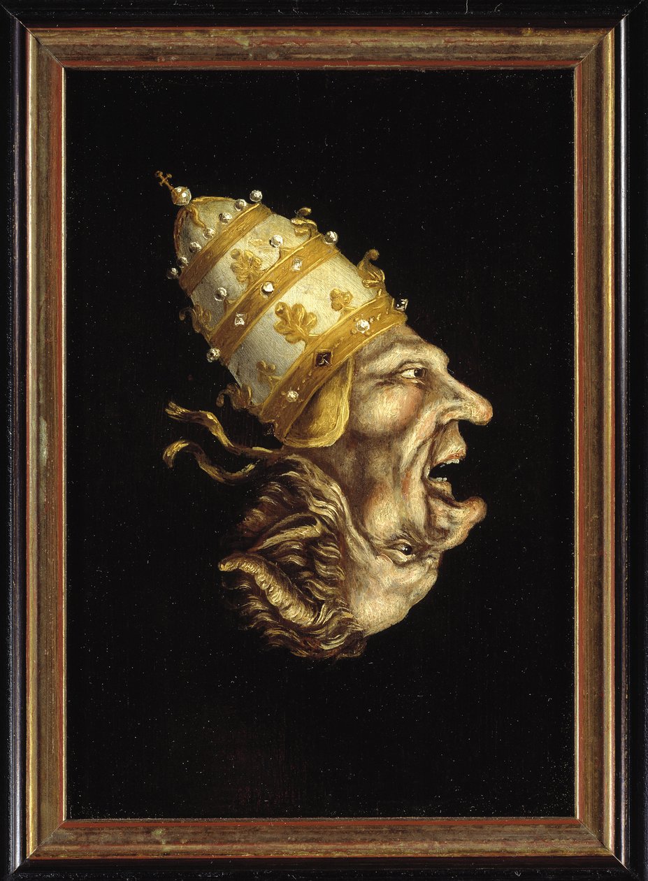 ""Paavi-paholainen"" (Paavi paholainen) luterilainen pilakuva paavia vastaan, joka edustaa paavin profiilia, joka sisäkkäin paholaisen paholaisen - Anonyymi maalaus, noin 1600 (hollantilainen) Museum Catharijneconvent, Utrecht Alankomaat tekijältä Flemish School