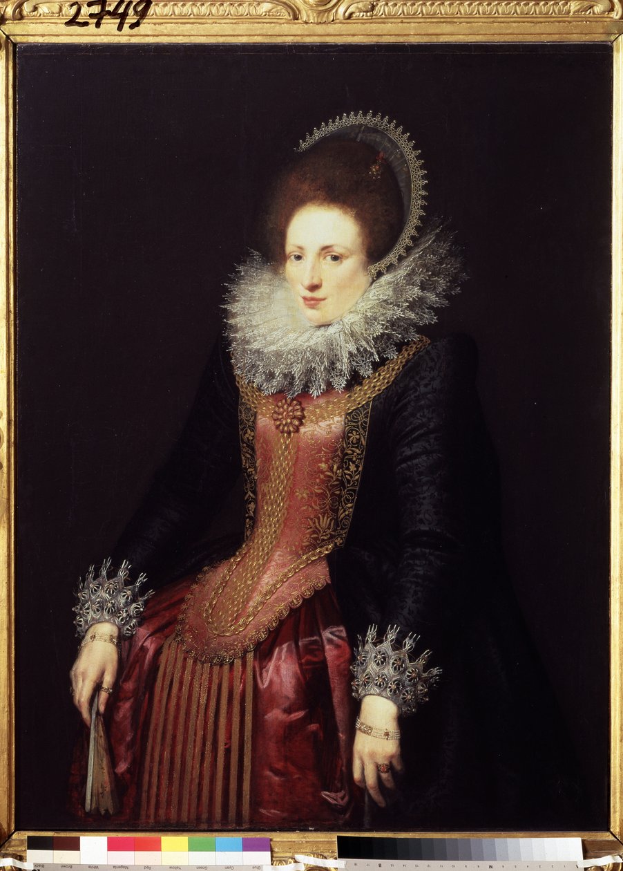 ""Muotokuva naisesta tuulettimen kanssa" (Muotokuva naisesta tuulettimella) varakas nainen, yllään röyhelö ja kirjailtu mekko. Flanderin koulun maalaus noin 1610. Pushkin-museo, Moskova tekijältä Flemish School