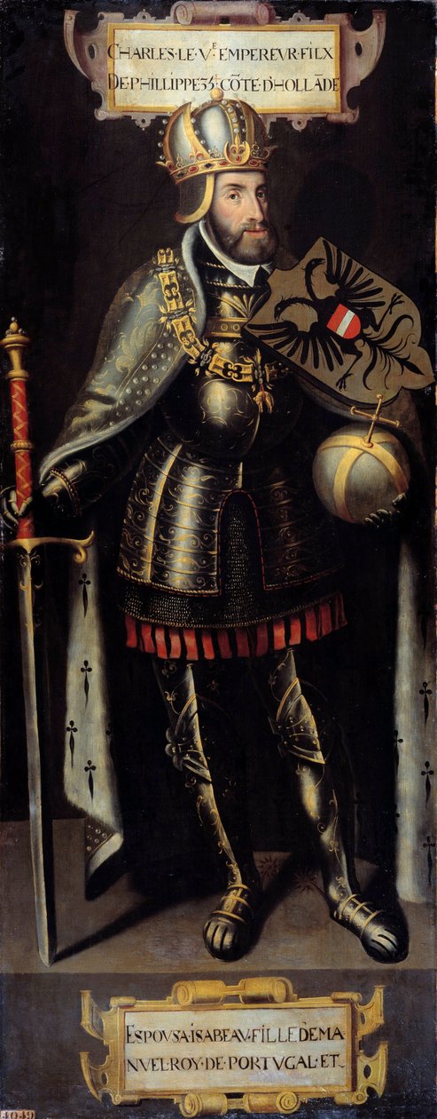 Espanjan kuninkaan, Pyhän Rooman valtakunnan keisarin Kaarle V:n (1500-1558) muotokuva. Flanderin koulun maalaus tekijältä Flemish School