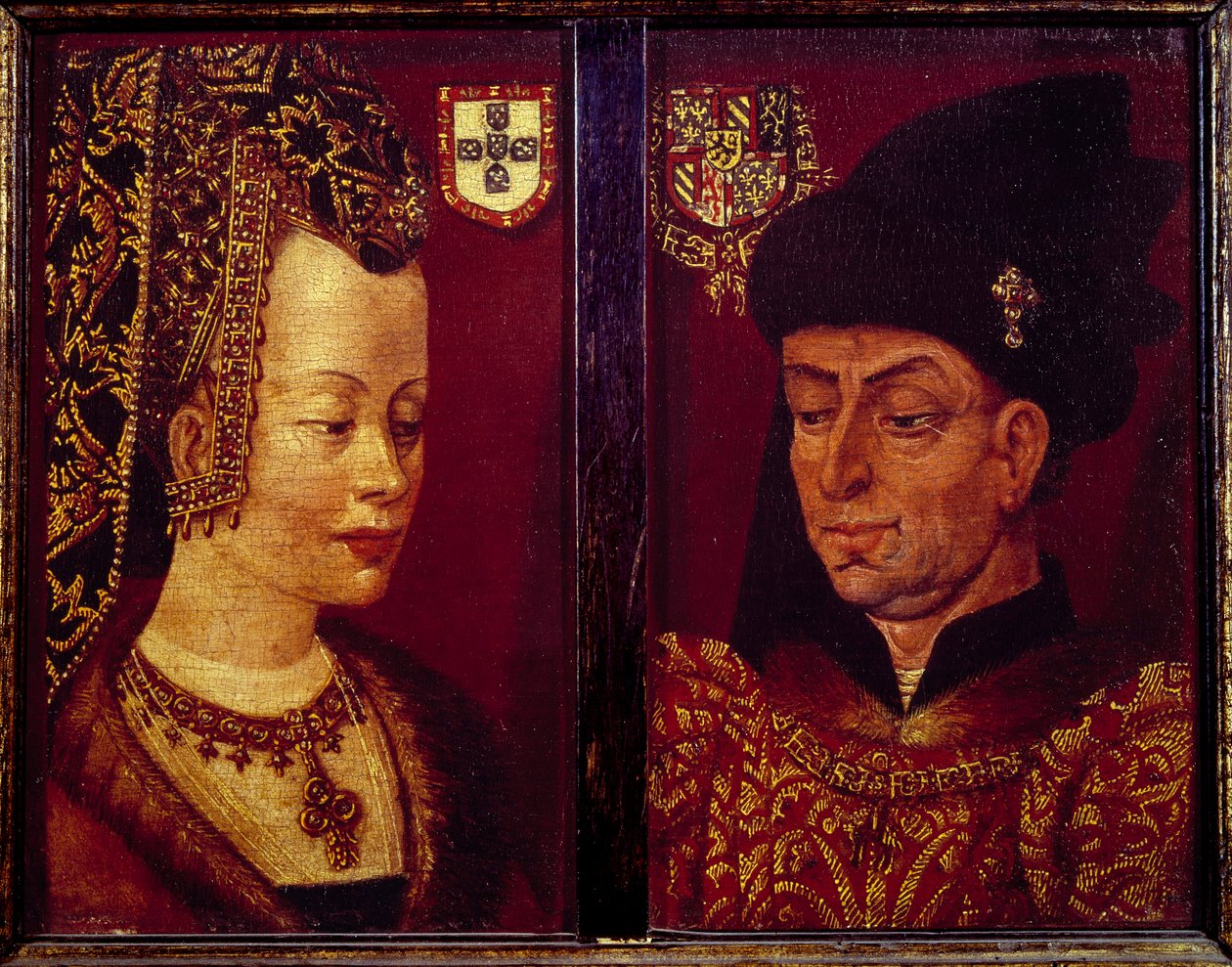 Muotokuva Philip Hyvästä, Burgundin herttuasta (1396-1467) ja Isabellasta Portugalista, Burgundin herttuattaresta (1397-1472) Flanderin koulukunnan puumaalaus. 1400-luvun Gentin taidemuseo tekijältä Flemish School