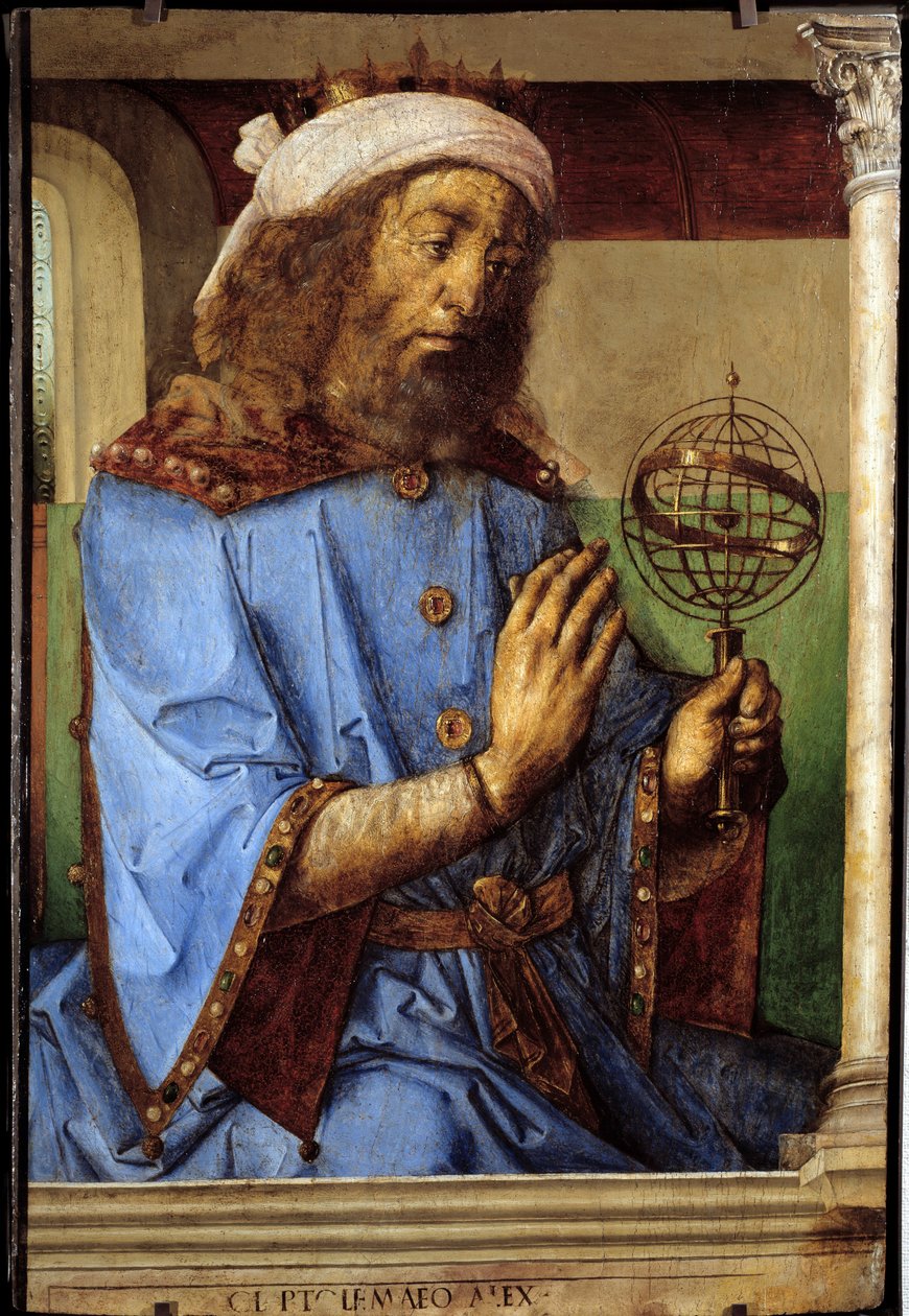 Muotokuva Ptolemeuksesta (Claudius Ptolemaeus, n. 90-168), kreikkalainen tähtitieteilijä. Pedro Berrugueten (noin 1450-ennen 1504) ja Just Of Ghentin (1435-1480) maalaukset. Flam tekijältä Flemish School