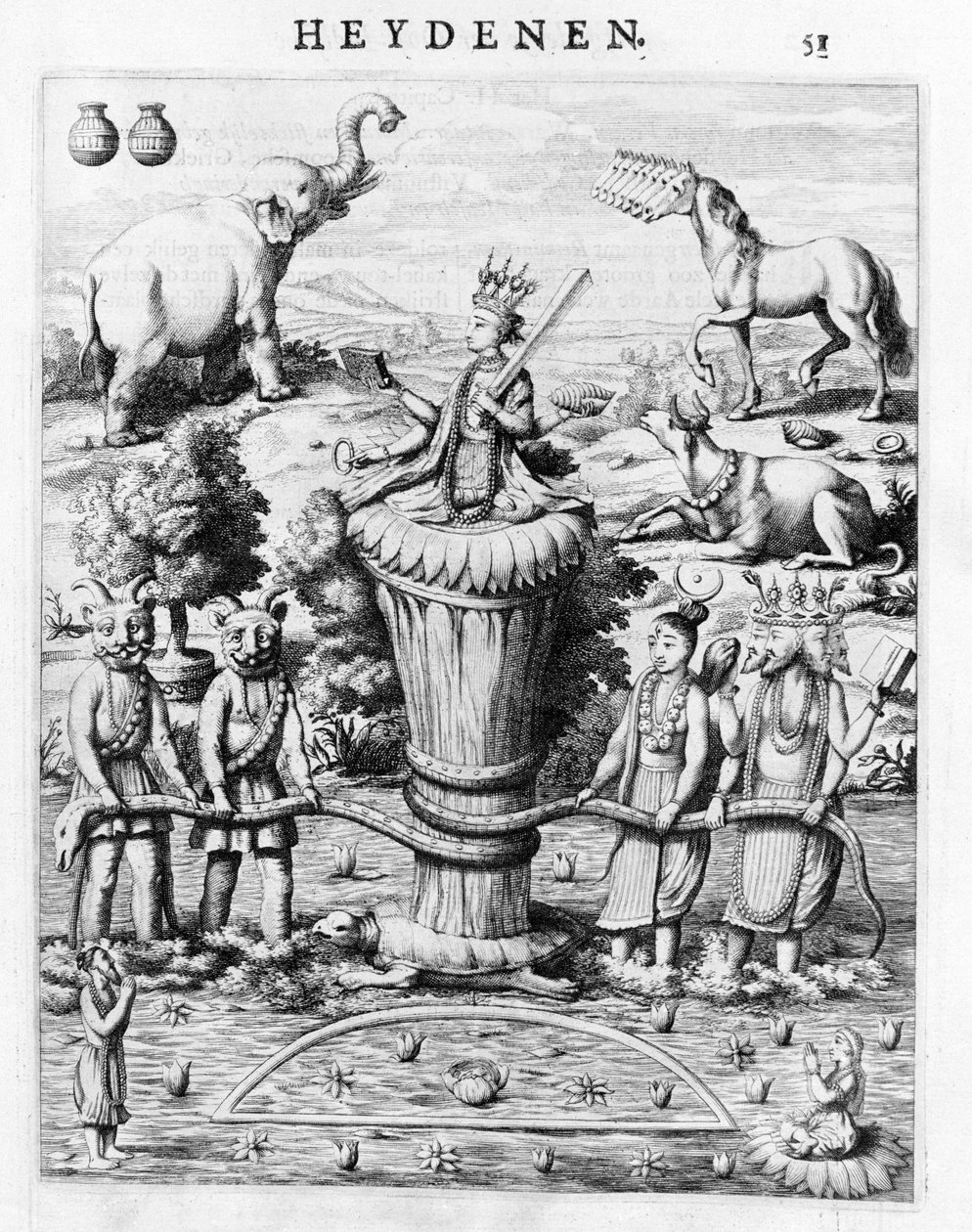 Samudramathana, johon osallistuu Deva (Surya, Shiva, Vishnu, Brahma) demonien ja alusten kanssa. Baldaeus Philippus Afgoderye der oost-indische Heydenenin mukaan. Amsterdam 1672 tekijältä Flemish School