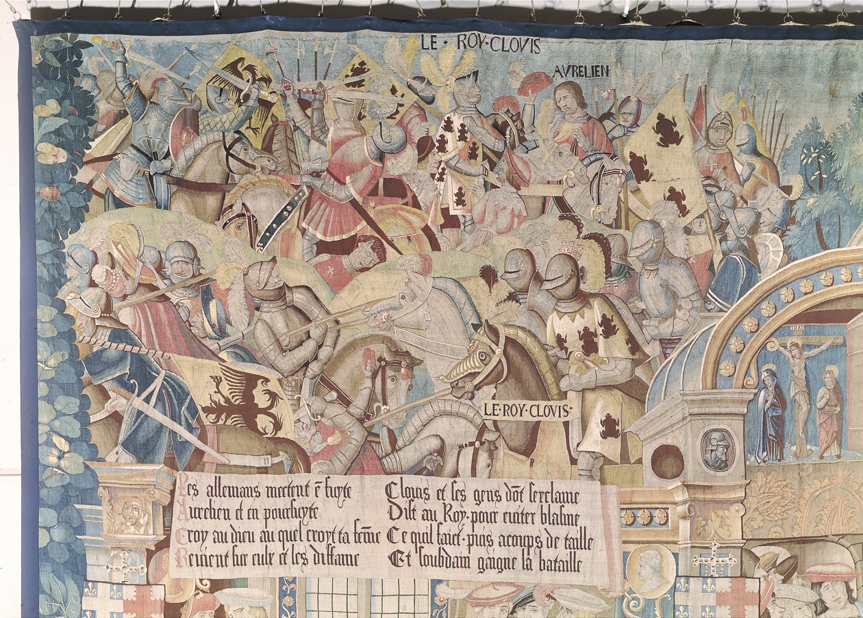 Kohtauksia Pyhän Remegiuksen (k. 553) elämästä, yksityiskohta Clovis I:stä (465-511) Tolbiakin taistelussa alamanneja vastaan vuonna 496 jKr. tekijältä Flemish School
