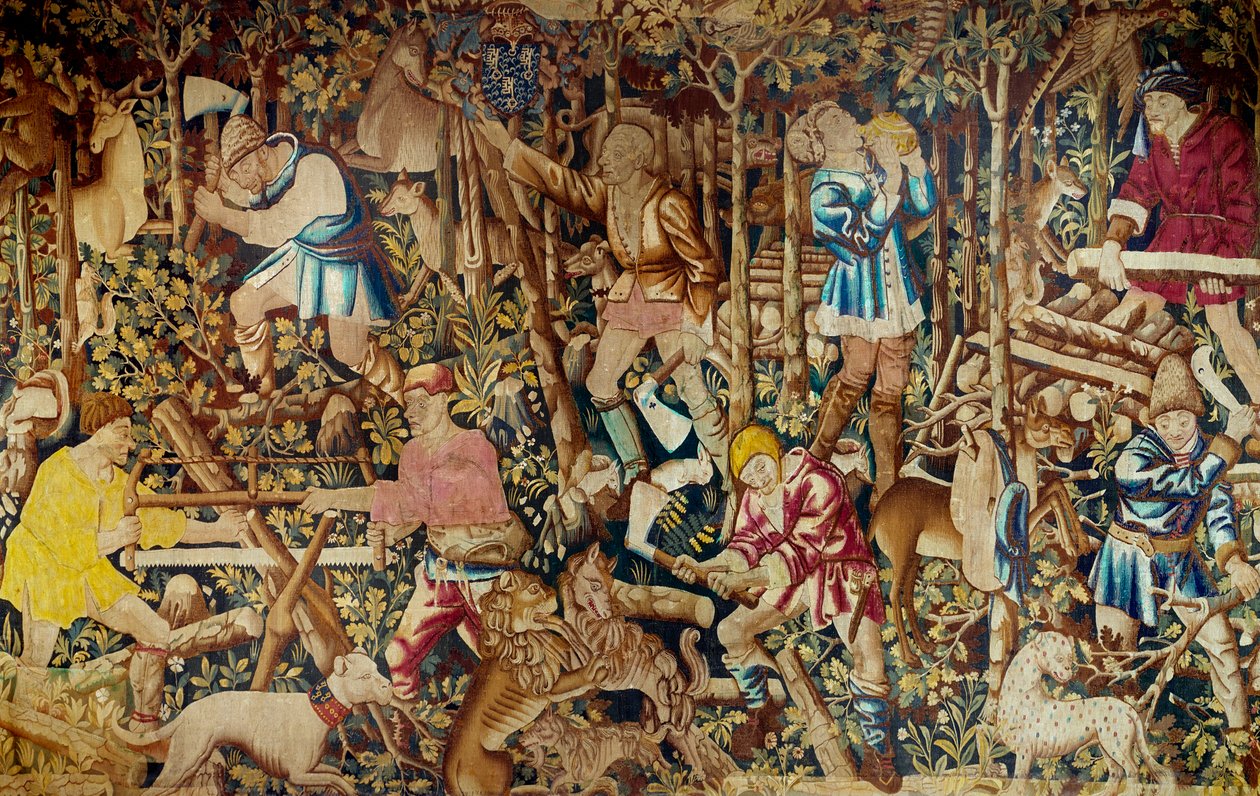 Kohtauksia sadonkorjuusta ja puunhakkaajasta. Flanderin koulun kuvakudos. Tournai. 1400-luvun Pariisi, koristetaide tekijältä Flemish School