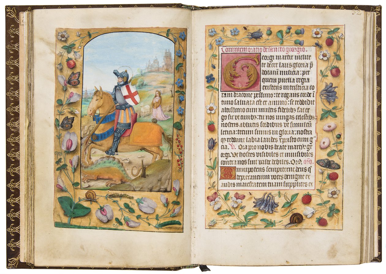 St George, kuvitus kirjasta Tuntikirja Sarumin käytön mukaan, n. 1500 (vellum) tekijältä Flemish School