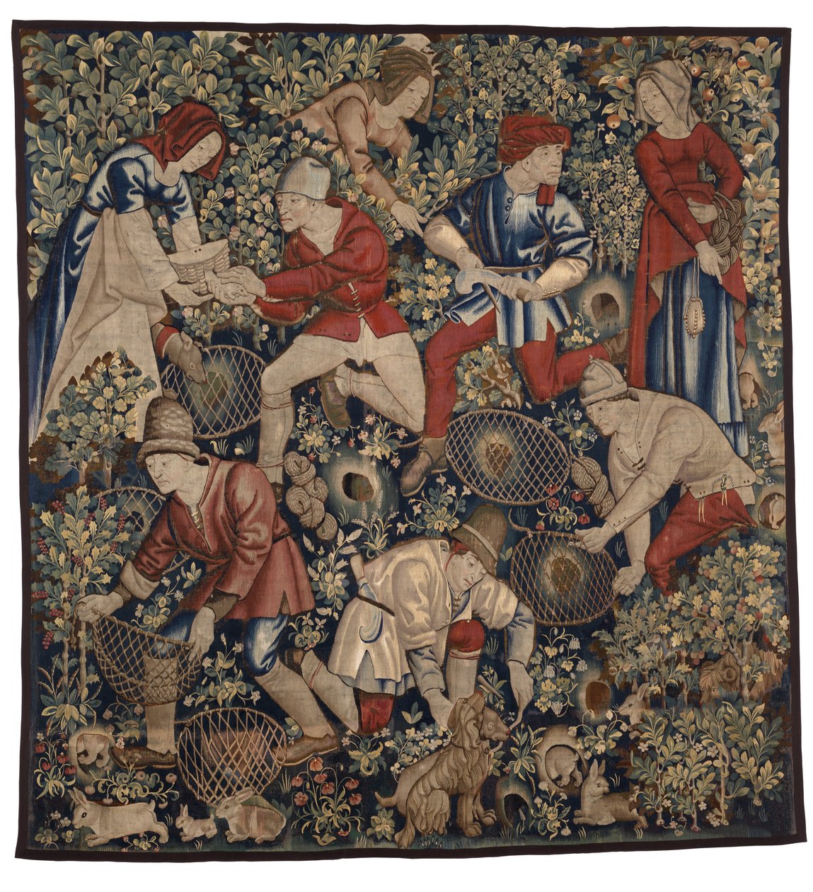Kuvakudos, joka kuvaa talonpoikia metsästämässä kaneja frettien kanssa, Tournai, n. 1450-75 (villa) tekijältä Flemish School