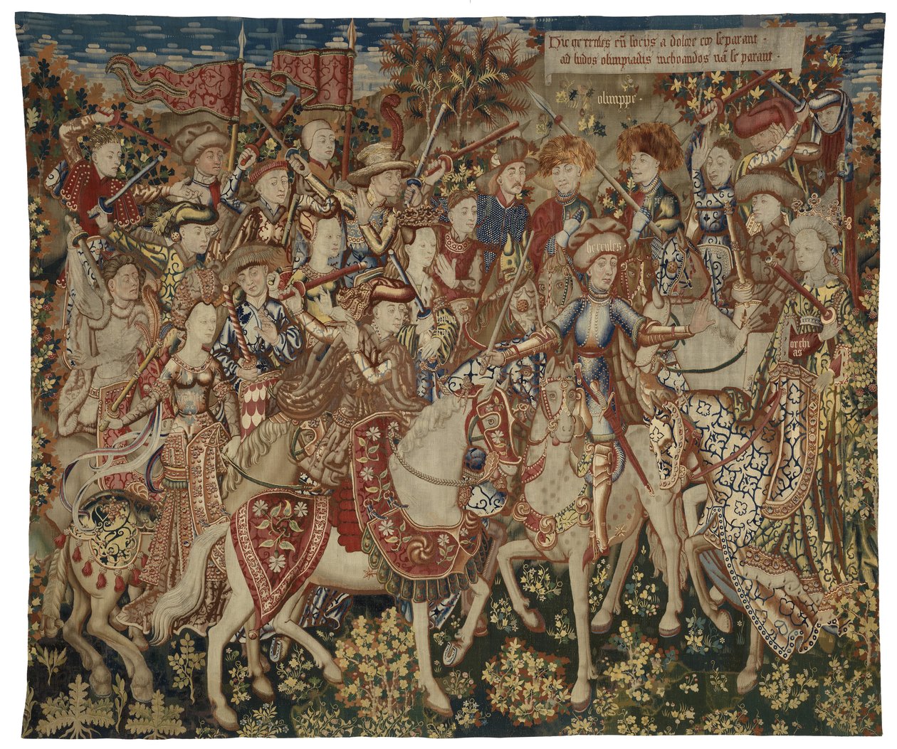 Kuvakudos Herkulesta ja hänen seuralaisistaan Olympusvuorella, mahdollisesti valmistettu Tournaissa, n. 1465-1470 (villaa ja silkkiä) tekijältä Flemish School