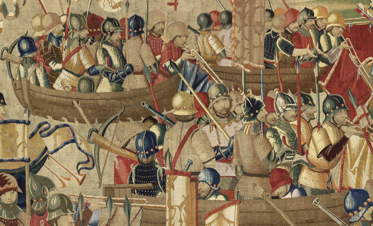 Kuvakudos, joka esittää Portugalin kuninkaan Alfonso V:n valloitukset (Conquistas de Alfonso V de Portugal), Tournaissa. Yksityiskohta. (villa ja silkki) tekijältä Flemish School