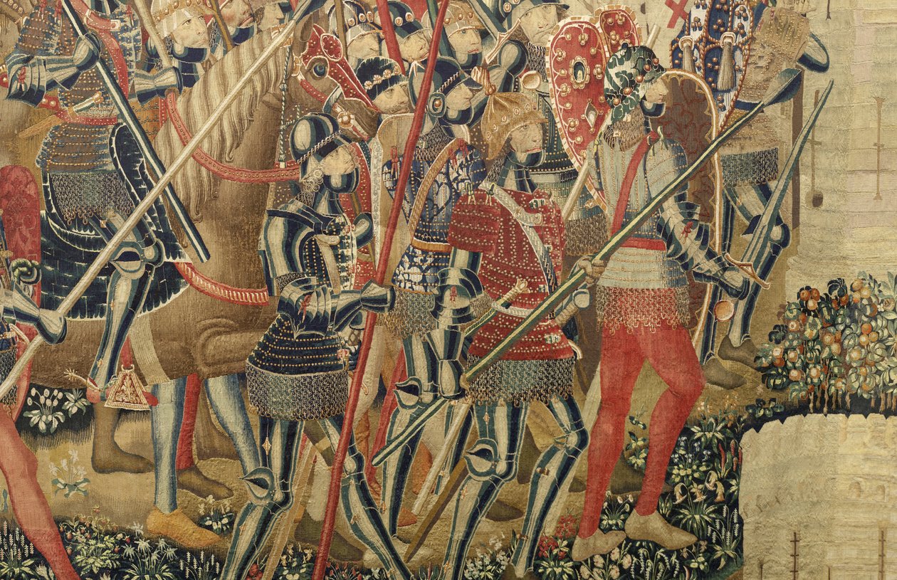 Kuvakudos, joka esittää Portugalin kuninkaan Alfonso V:n valloitukset (Conquistas de Alfonso V de Portugal), Tournaissa. Yksityiskohta. (villa ja silkki) tekijältä Flemish School