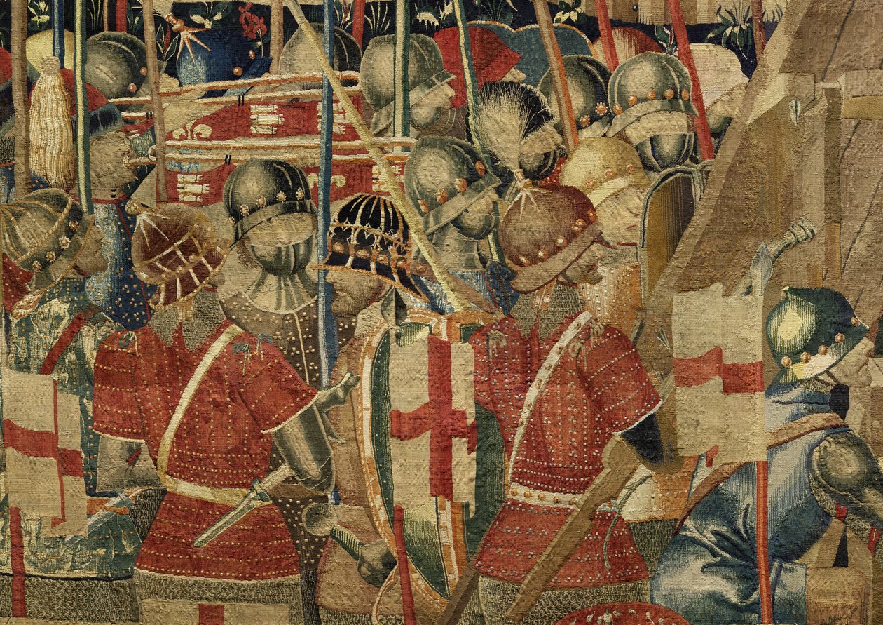Kuvakudos, joka esittää Portugalin kuninkaan Alfonso V:n valloitukset (Conquistas de Alfonso V de Portugal), Tournaissa. Yksityiskohta. (villa ja silkki) tekijältä Flemish School