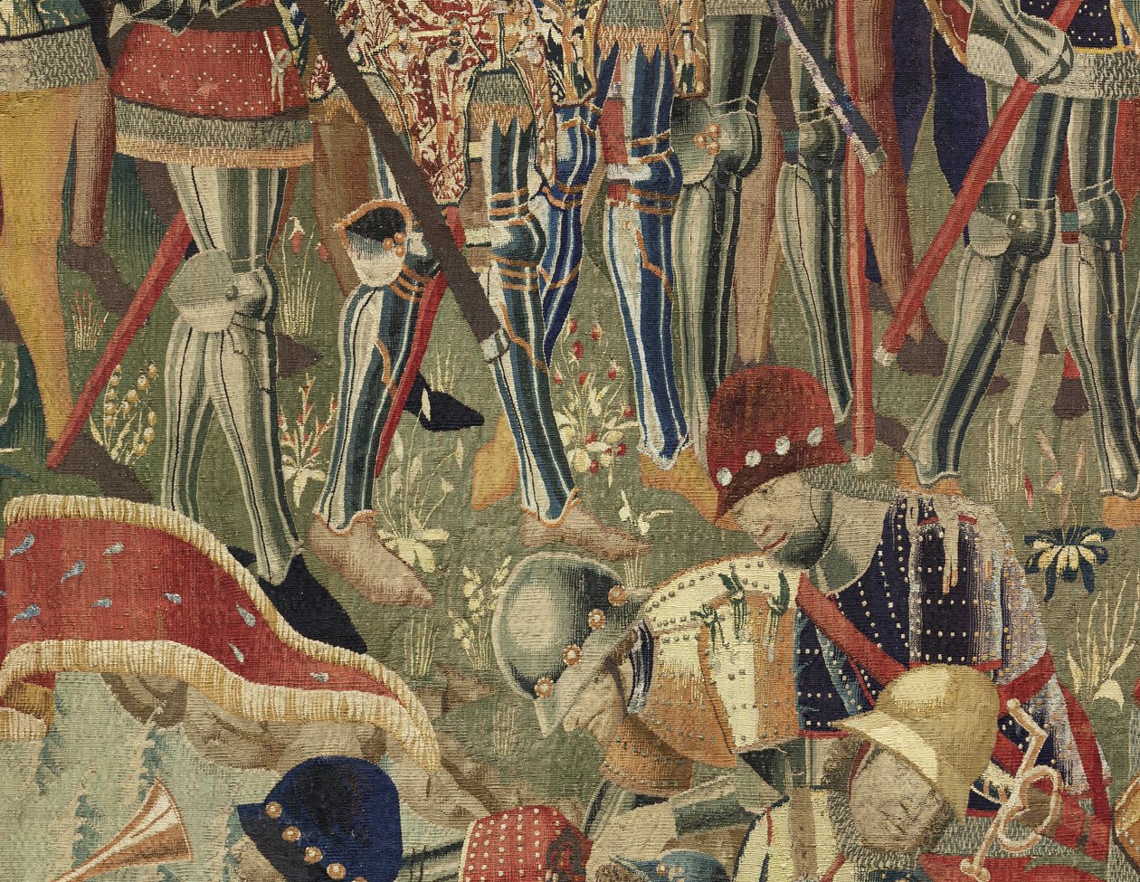 Kuvakudos, joka esittää Portugalin kuninkaan Alfonso V:n valloitukset (Conquistas de Alfonso V de Portugal), Tournaissa. Yksityiskohta. (villa ja silkki) tekijältä Flemish School