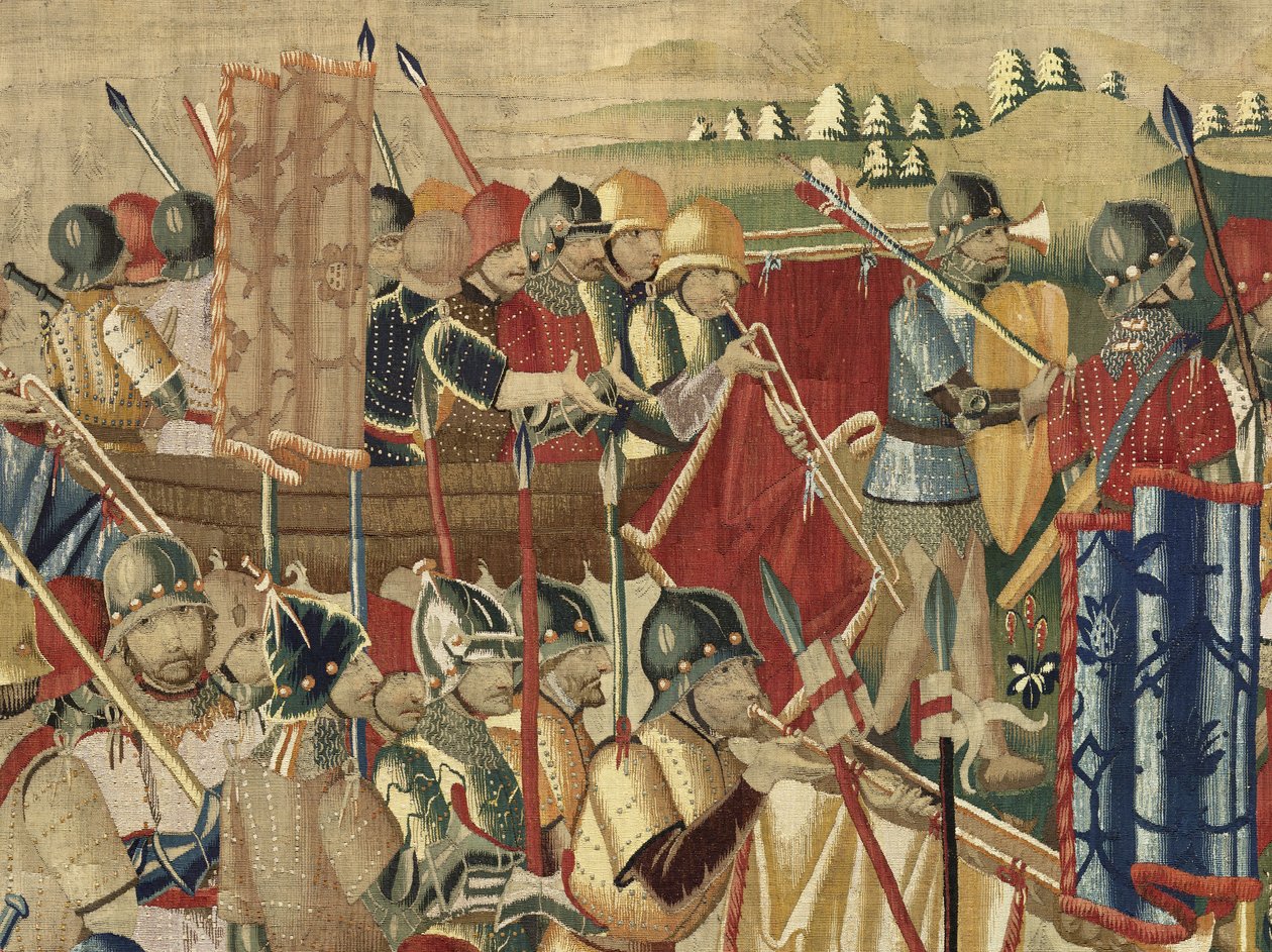 Kuvakudos, joka esittää Portugalin kuninkaan Alfonso V:n valloitukset (Conquistas de Alfonso V de Portugal), Tournaissa. Yksityiskohta. (villa ja silkki) tekijältä Flemish School