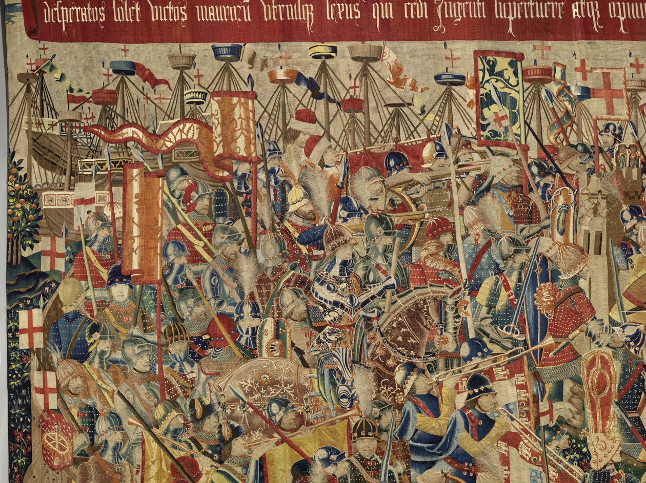 Kuvakudos, joka esittää Portugalin kuninkaan Alfonso V:n valloitukset (Conquistas de Alfonso V de Portugal), Tournaissa. Yksityiskohta. (villa ja silkki) tekijältä Flemish School