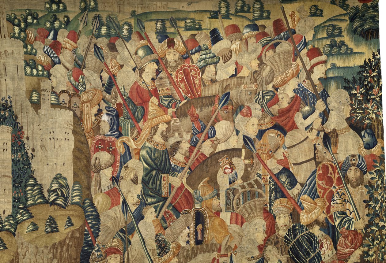 Kuvakudos, joka esittää Portugalin kuninkaan Alfonso V:n valloitukset (Conquistas de Alfonso V de Portugal), Tournaissa. Yksityiskohta. (villa ja silkki) tekijältä Flemish School