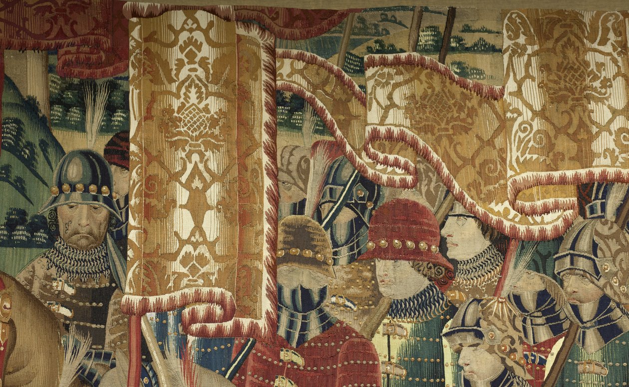 Kuvakudos, joka esittää Portugalin kuninkaan Alfonso V:n valloitukset (Conquistas de Alfonso V de Portugal), Tournaissa. Yksityiskohta. (villa ja silkki) tekijältä Flemish School