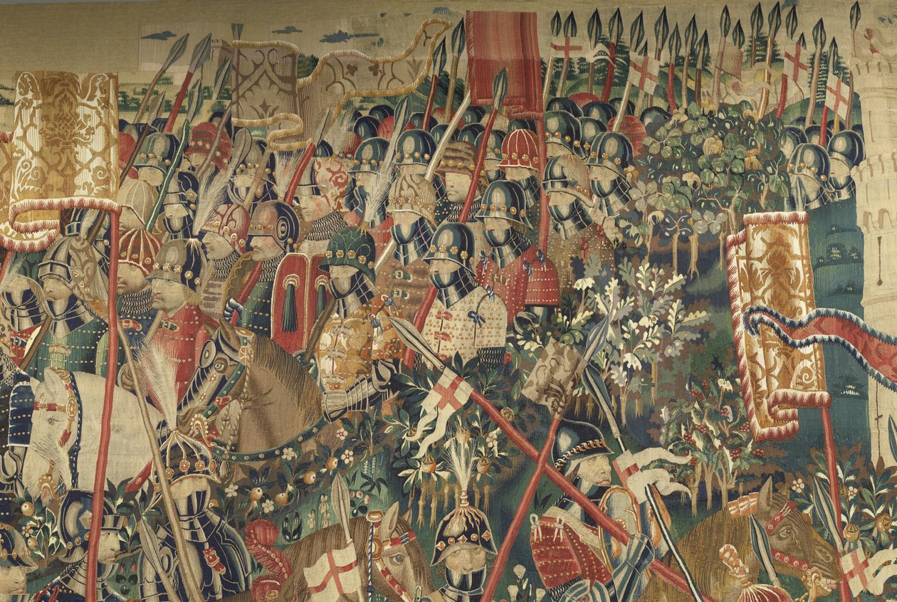 Kuvakudos, joka esittää Portugalin kuninkaan Alfonso V:n valloitukset (Conquistas de Alfonso V de Portugal), Tournaissa. Yksityiskohta. (villa ja silkki) tekijältä Flemish School