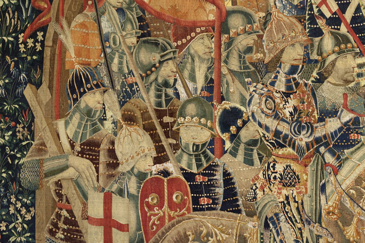 Kuvakudos, joka esittää Portugalin kuninkaan Alfonso V:n valloitukset (Conquistas de Alfonso V de Portugal), Tournaissa. Yksityiskohta. (villa ja silkki) tekijältä Flemish School