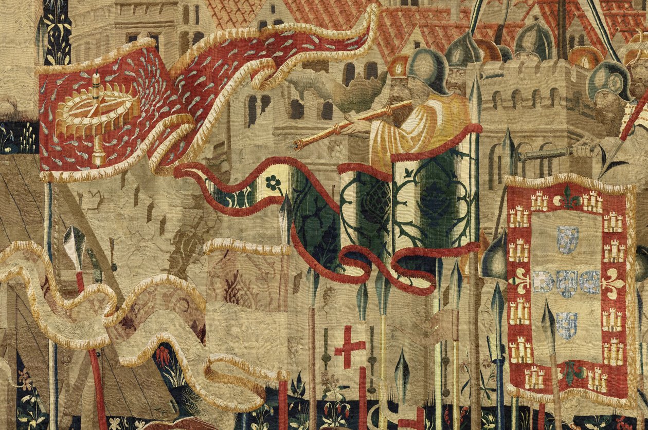 Kuvakudos, joka esittää Portugalin kuninkaan Alfonso V:n valloitukset (Conquistas de Alfonso V de Portugal), Tournaissa. Yksityiskohta. (villa ja silkki) tekijältä Flemish School