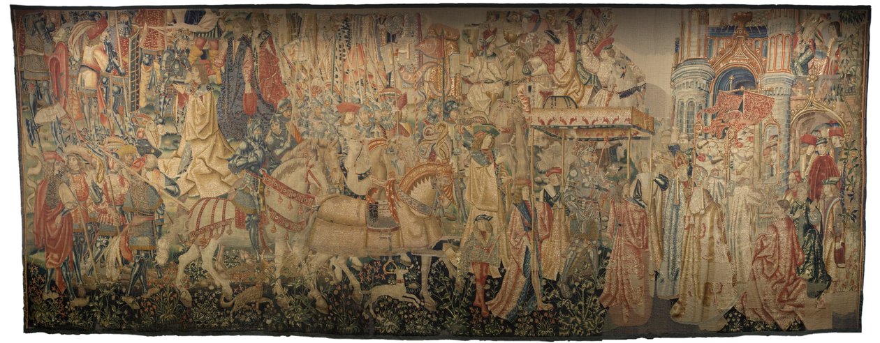 Kuvakudos, joka esittää Portugalin kuninkaan Alfonso V:n valloitukset (Conquistas de Alfonso V de Portugal), Tournaissa. Yksityiskohta. (villa ja silkki) tekijältä Flemish School