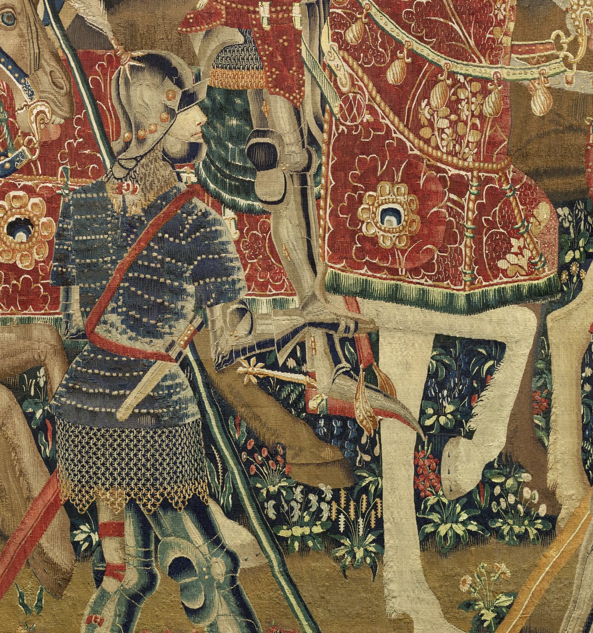 Kuvakudos, joka esittää Portugalin kuninkaan Alfonso V:n valloitukset (Conquistas de Alfonso V de Portugal), Tournaissa. Yksityiskohta. (villa ja silkki) tekijältä Flemish School