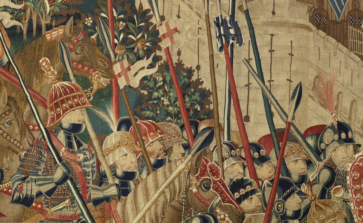 Kuvakudos, joka esittää Portugalin kuninkaan Alfonso V:n valloitukset (Conquistas de Alfonso V de Portugal), Tournaissa. Yksityiskohta. (villa ja silkki) tekijältä Flemish School