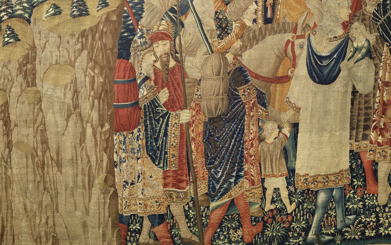 Kuvakudos, joka esittää Portugalin kuninkaan Alfonso V:n valloitukset (Conquistas de Alfonso V de Portugal), Tournaissa. Yksityiskohta. (villa ja silkki) tekijältä Flemish School