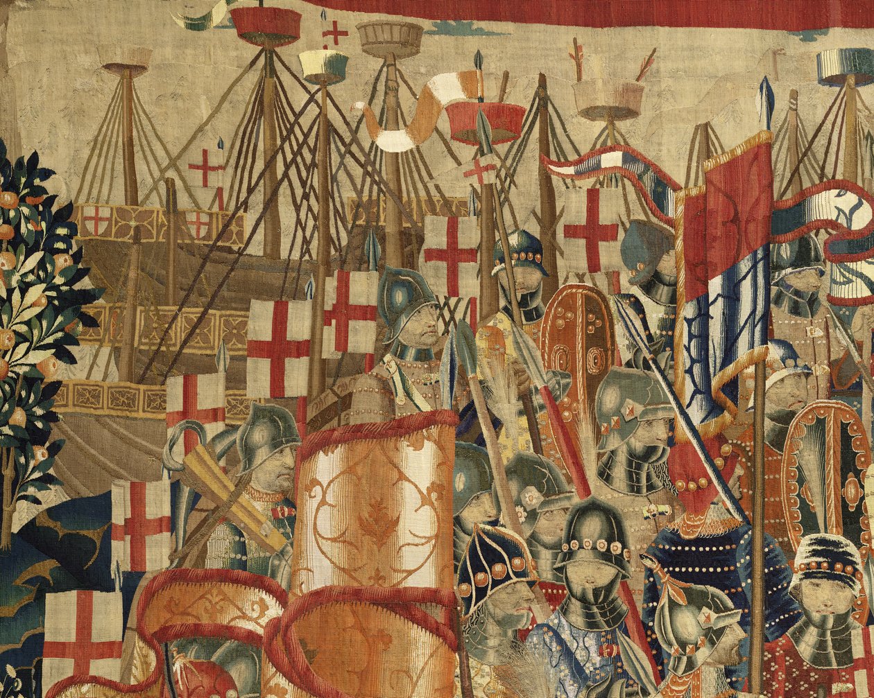 Kuvakudos, joka esittää Portugalin kuninkaan Alfonso V:n valloitukset (Conquistas de Alfonso V de Portugal), Tournaissa. Yksityiskohta. (villa ja silkki) tekijältä Flemish School