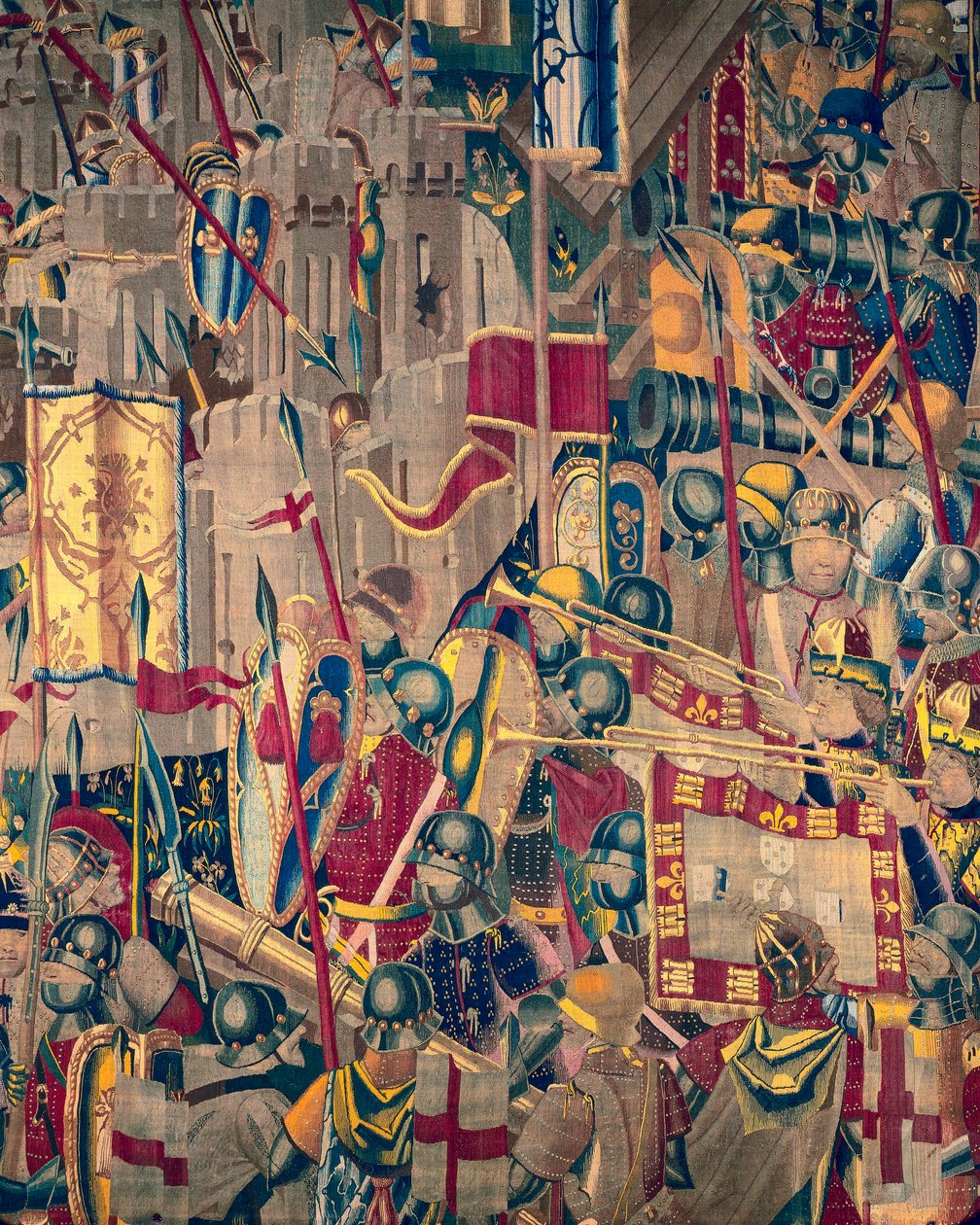 Kuvakudos, joka esittää Portugalin kuninkaan Alfonso V:n valloitukset (Conquistas de Alfonso V de Portugal), Tournaissa. Yksityiskohta. (villa ja silkki) tekijältä Flemish School