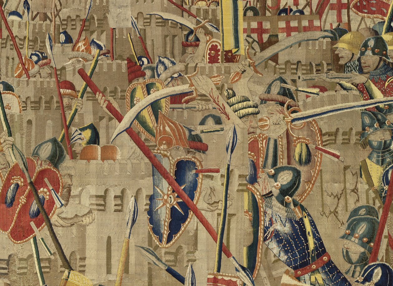 Kuvakudos, joka esittää Portugalin kuninkaan Alfonso V:n valloitukset (Conquistas de Alfonso V de Portugal), Tournaissa. Yksityiskohta. (villa ja silkki) tekijältä Flemish School
