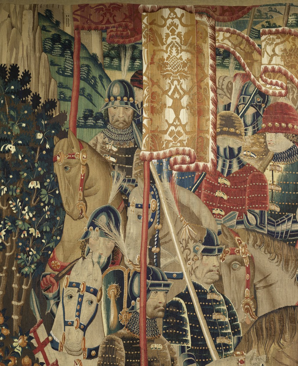 Kuvakudos, joka esittää Portugalin kuninkaan Alfonso V:n valloitukset (Conquistas de Alfonso V de Portugal), Tournaissa. Yksityiskohta. (villa ja silkki) tekijältä Flemish School