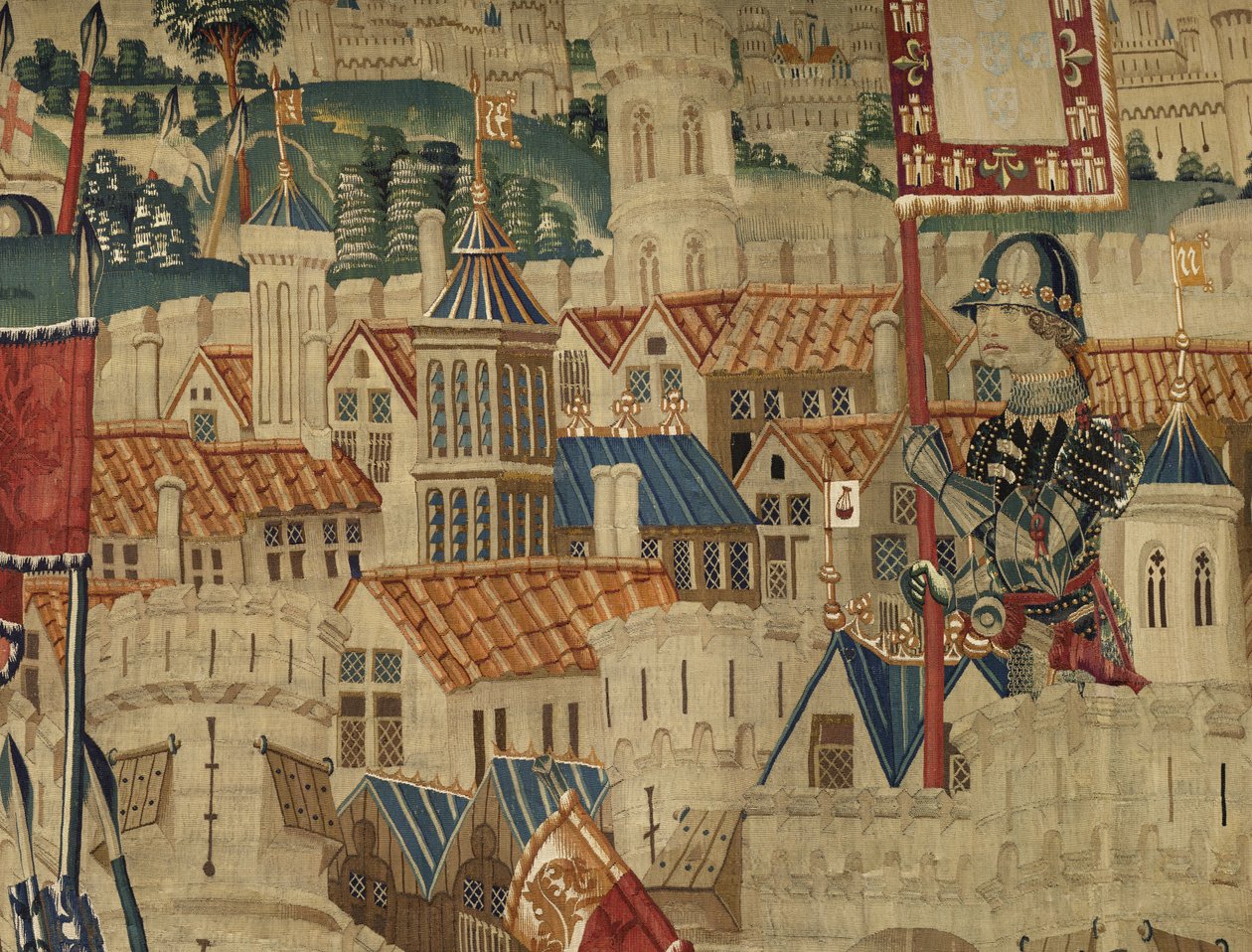Kuvakudos, joka esittää Portugalin kuninkaan Alfonso V:n valloitukset (Conquistas de Alfonso V de Portugal), Tournaissa. Yksityiskohta. (villa ja silkki) tekijältä Flemish School