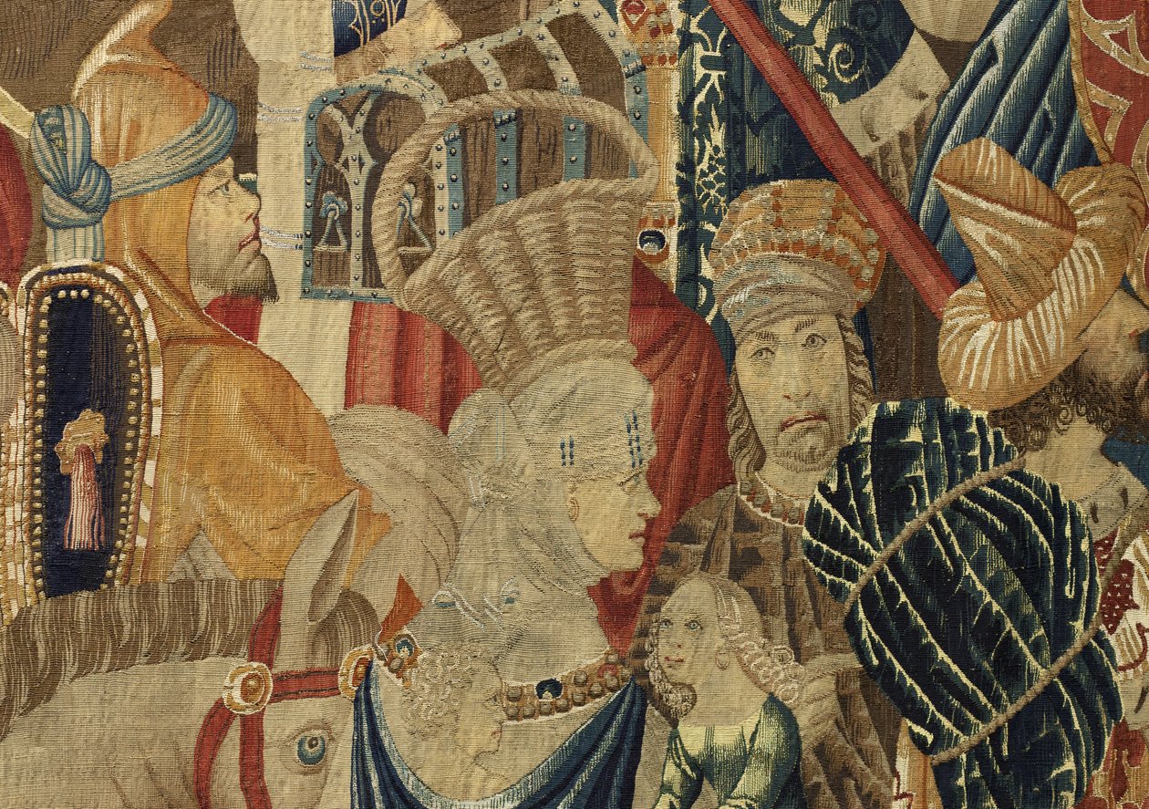 Kuvakudos, joka esittää Portugalin kuninkaan Alfonso V:n valloitukset (Conquistas de Alfonso V de Portugal), Tournaissa. Yksityiskohta. (villa ja silkki) tekijältä Flemish School