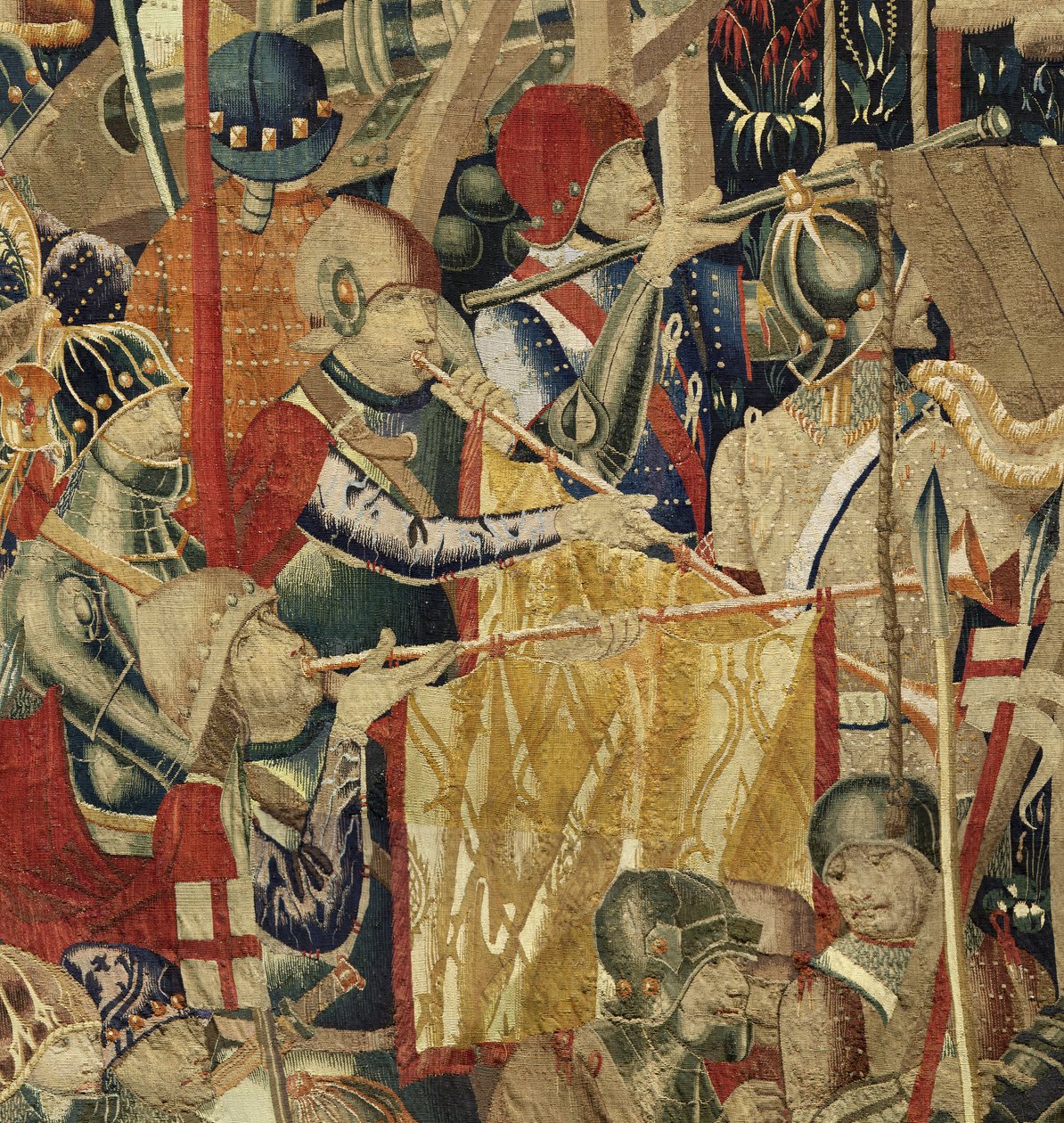 Kuvakudos, joka esittää Portugalin kuninkaan Alfonso V:n valloitukset (Conquistas de Alfonso V de Portugal), Tournaissa. Yksityiskohta. (villa ja silkki) tekijältä Flemish School