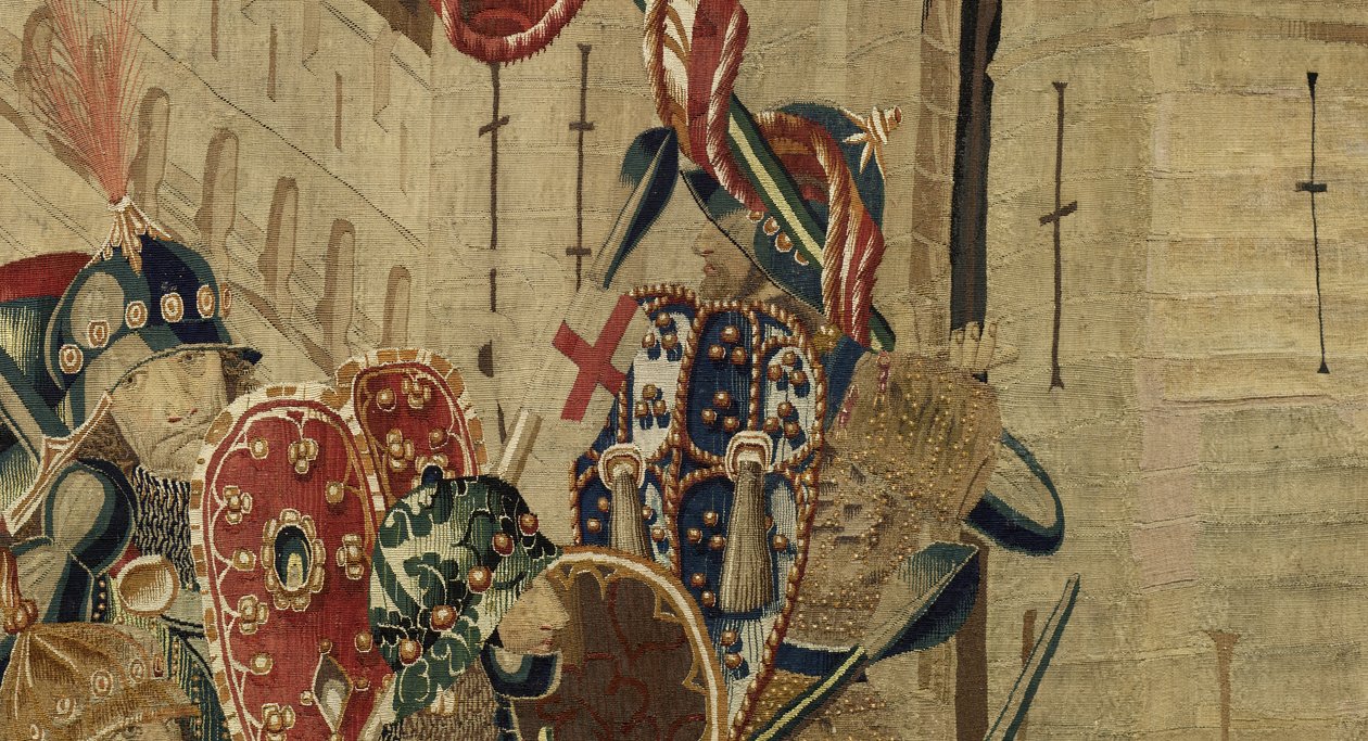 Kuvakudos, joka esittää Portugalin kuninkaan Alfonso V:n valloitukset (Conquistas de Alfonso V de Portugal), Tournaissa. Yksityiskohta. (villa ja silkki) tekijältä Flemish School